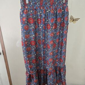 Blue Floral Maxi Skirt with Red Accents